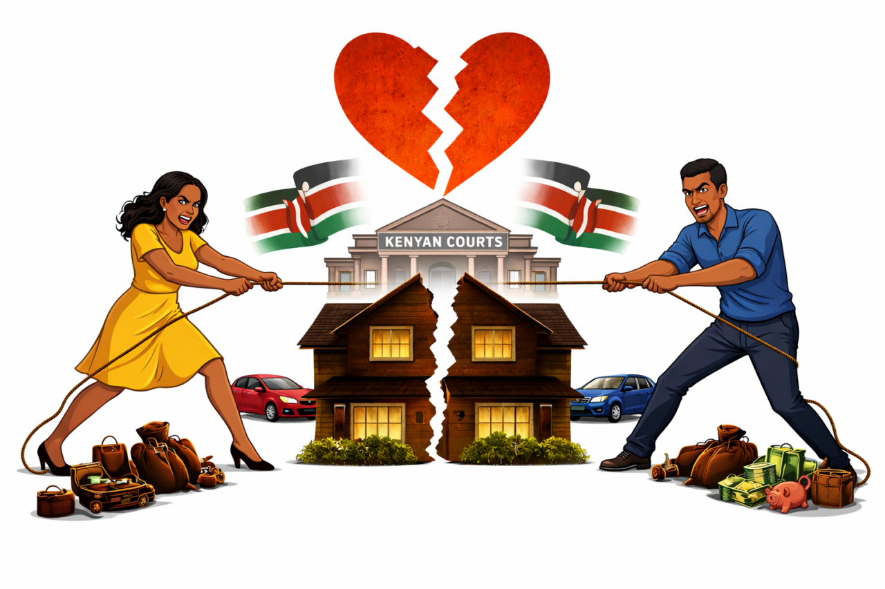Illustration of separating spouses pulling a house apart, depicting how Kenyan courts determine division of matrimonial assets.